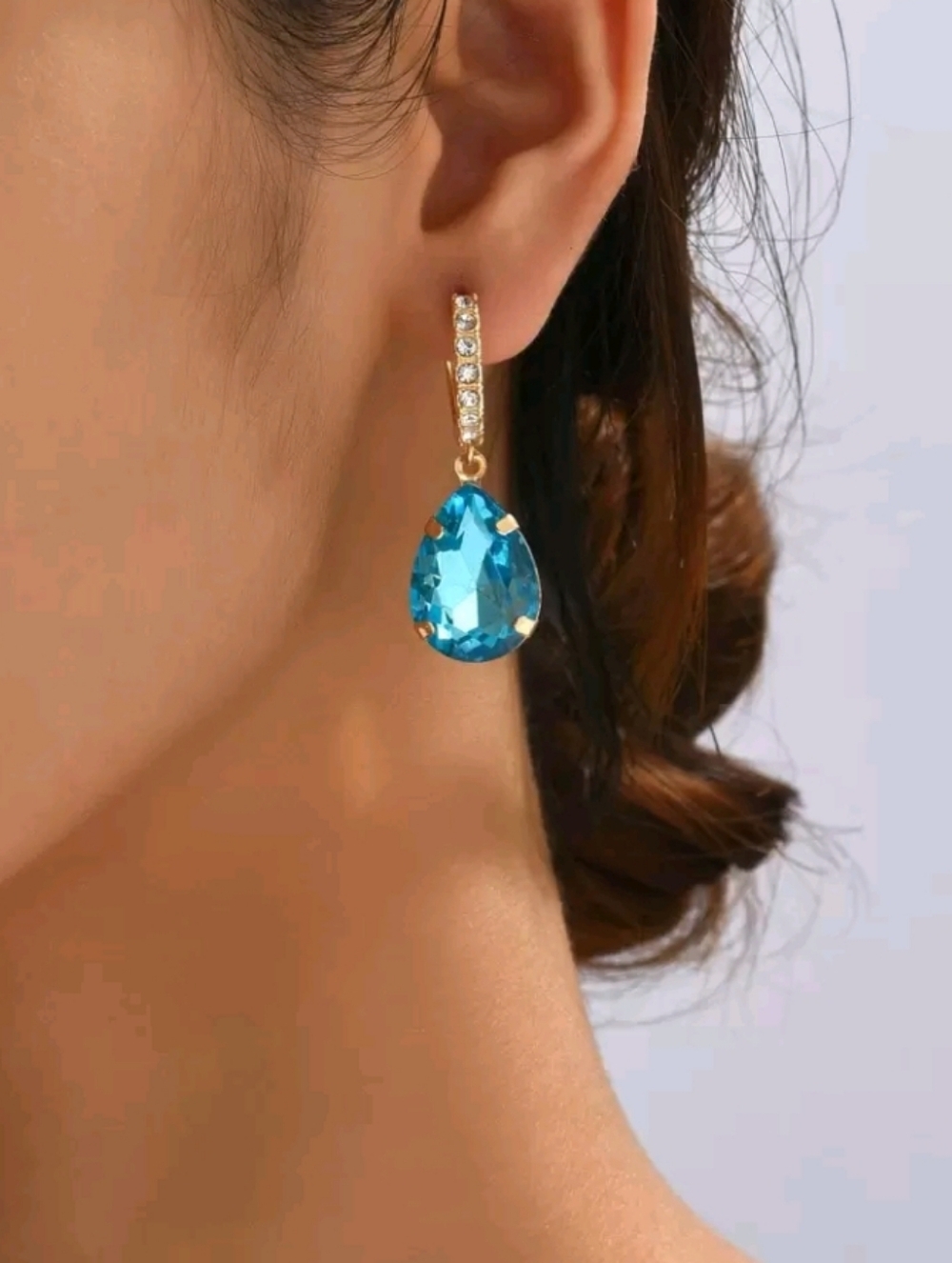 Blue Gold Drop Earrings with Teardrop Aqua Rhinestone